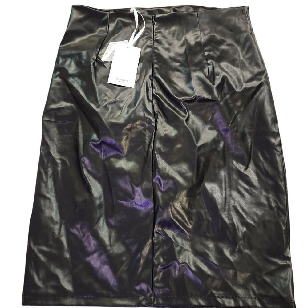 GRACE KARIN Womens LARGE Shiny Pleather Knee Length Slim Fit  Skirt Stretch
